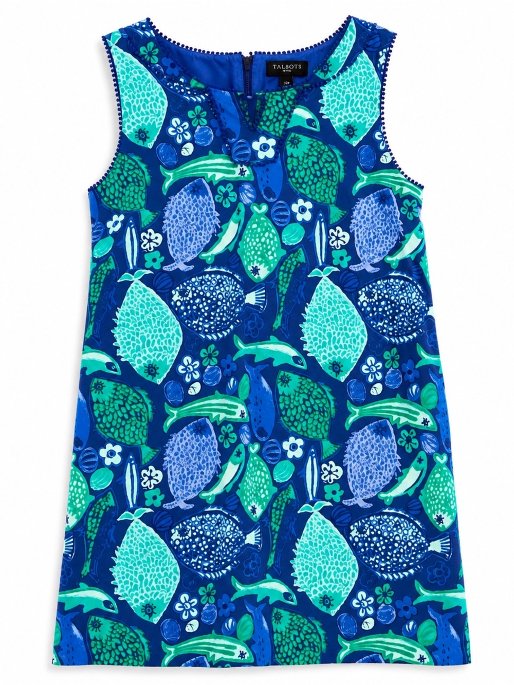 Talbots Petite 12P Blue Green Coastal Fish Print Sleeveless Shift Dress 👗